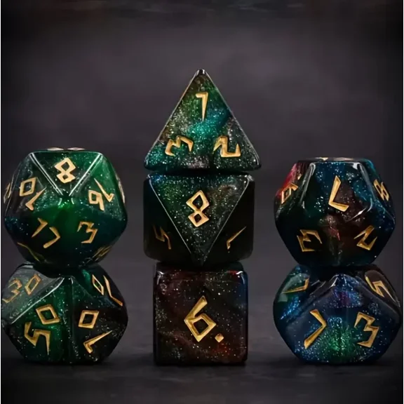 OLIVE- 7Pc Space Glitter D&D Dice Set Polyhedral Dark Dnd Rpg Board Table Games Starry