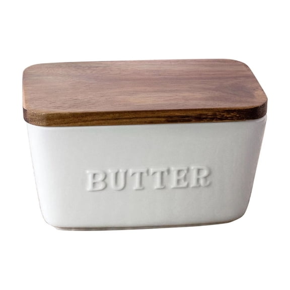 OLIVE- Butter Dish Acacia Wood Porcelain Embossed Kitchen Microwave Dishwasher Safe