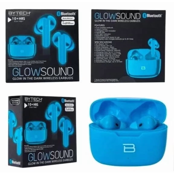 OLIVE- Bytech Glow In The Dark Bluetooth Earbuds With Mic (10 Hour Play Time) -Blue
