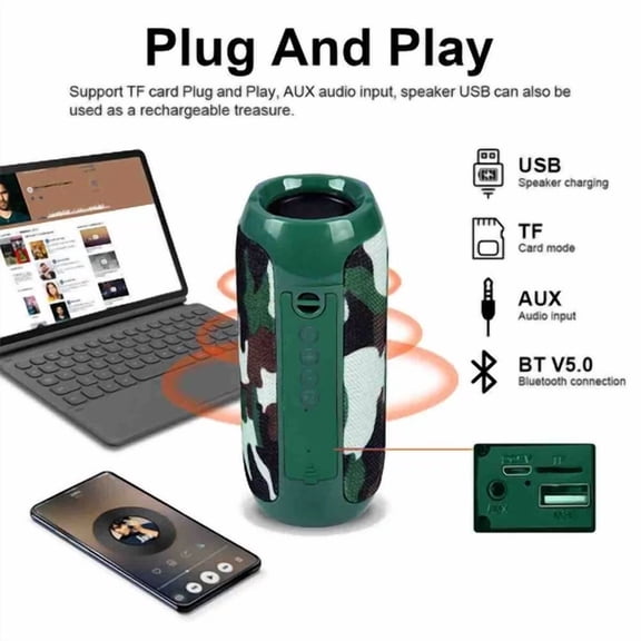 OLIVE- Camo Bluetooth Speaker Wireless Waterproof Outdoor Stereo Bass Usb/Tf/Fm Radio