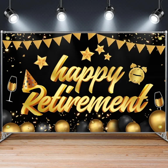 OLIVE- Happy Retirement Backdrop Banners Black And Gold Photo Prop Background For Re...