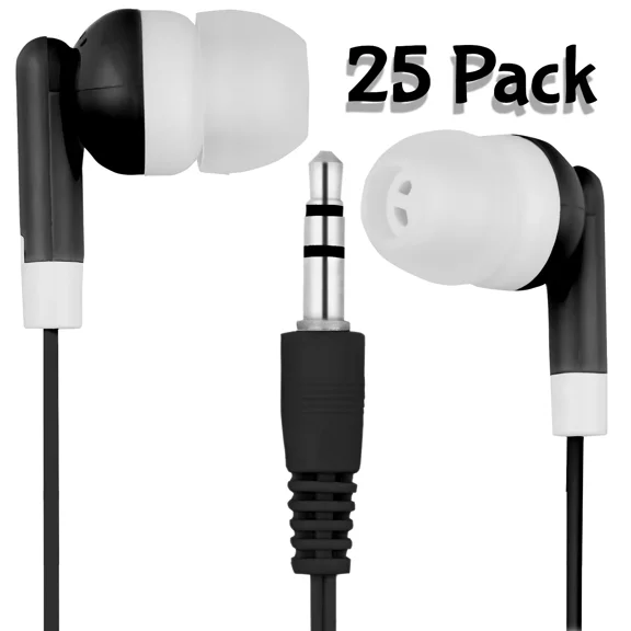 OLIVE- Lot Of 25 Black/White 3.5Mm Headphones / Earbuds - Great For Kids / Schools