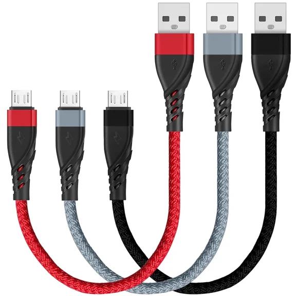 OLIVE- Micro Usb Cable 1Ft[3Pack], Short To Braided Red, Grey, Black (1Ft)