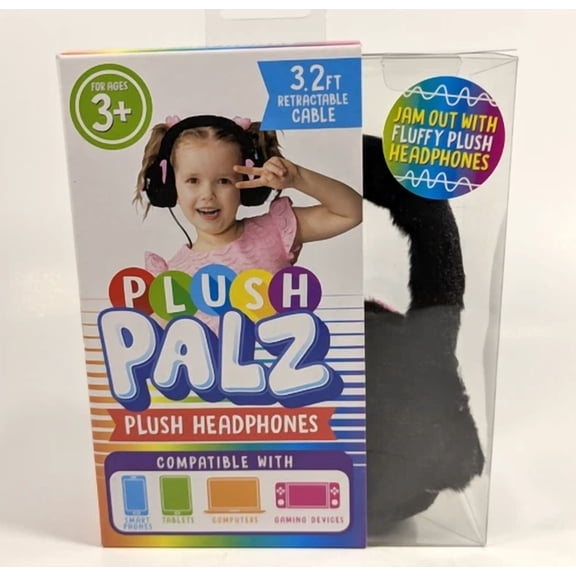 OLIVE- Plush Travel Palz Plush Headphones Black Cat Kids 3+ 3.2 Ft Retractable Cable