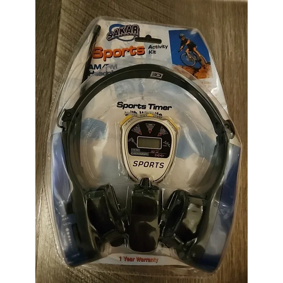 OLIVE- Vtg Sakar Am/Fm Headphone Radio Stop Watch Sports Kit New - C2