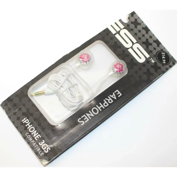 OLIVE- Wired Earphone Studded Pink Bling Crystals 3.5Mm Jack White Headset Headphones