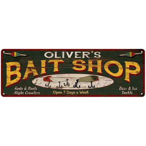 OLIVER'S Bait Shop Sign Wood Look Man Cave Den Gift 6x18 Metal 106180024322