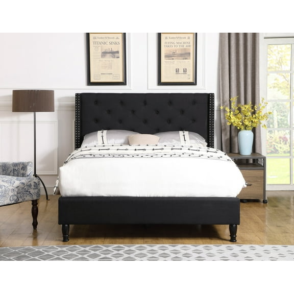 Oliver and Smith Full Upholstered Platform Bed Frame Black - 51 Inch Tall Button Tufted Headboard - Soft Linen Fabric Wood Slats - Modern Fabric Design - Easy Assembly (ASTOR)