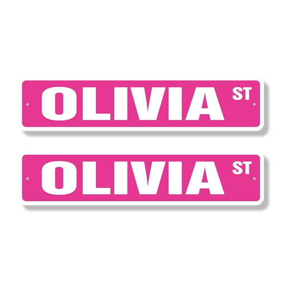 OLIVIA Classic Street Sign (2 Pack) Childrens Name Room Sign Road Sign | 4" X 18" Plastic Address Sign
