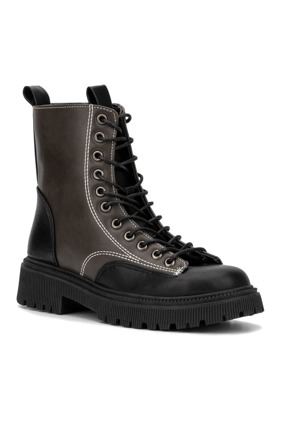Womens Gray Color Block Lace Up Lug Sole Padded Pull Tab Removable Insole Padded Calliope Round Toe Block Heel Zip-Up Combat Boots 8