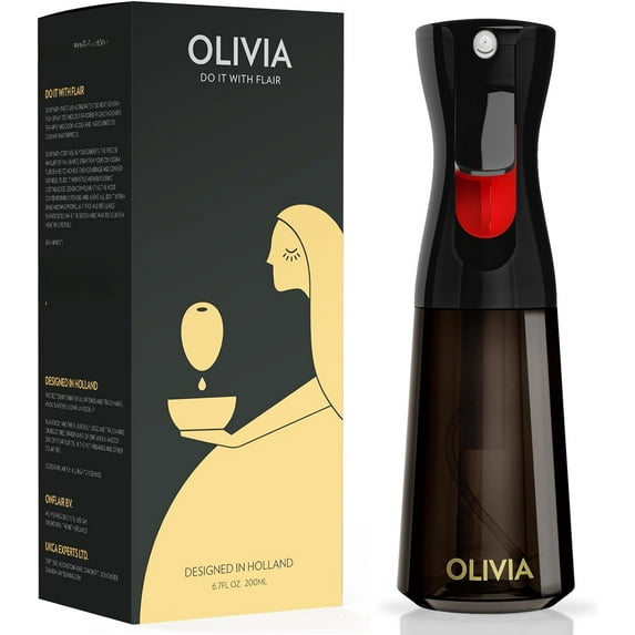 OLIVIA Oil Sprayer for Cooking, 200ml Glass Olive Oil Sprayer, Continuous Cooking Spray with Portion Control, Oil Dispenser for Kitchen, Air Fryer, Salad, BBQ (Green Bottle, Gold Print)