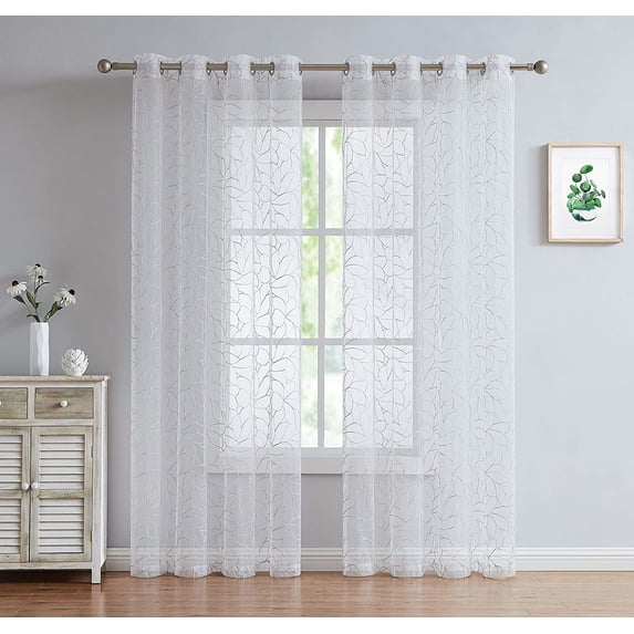 OLIVIA - Set of Two Embroidered Voile Sheer Grommet Curtain Panels for Living Room, Bedroom, & Dining Rooms (54" W x 63" L, Silver)