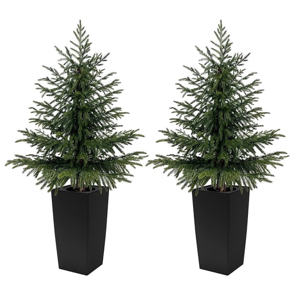 OLIVIVI 4FT Artificial Cedar Tree, Real Touch Faux Cedar Topiary, Tall Indoor Outdoor Fake Evergreen Plant for Living Room with Square Black Pot, Entryway, Office Decor 2 Pack