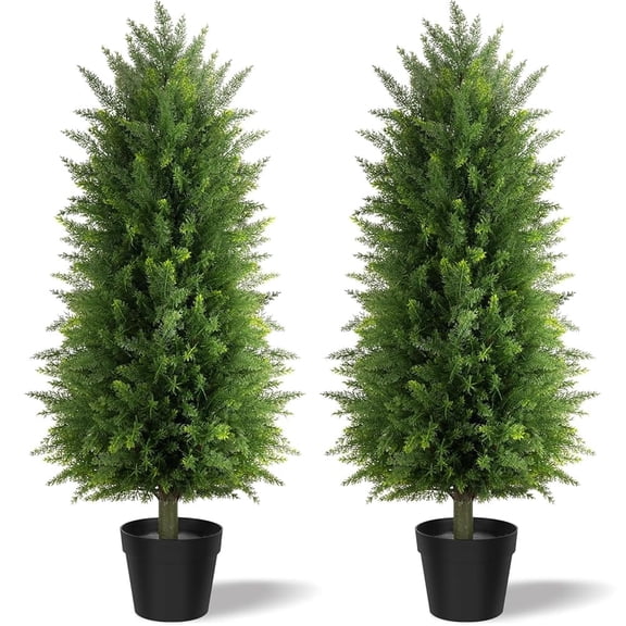 OLIVIVI Artificial Cedar Tree 3FT Tall Faux Silk Plant for Home Office Decor Indoor Outdoor Fake Lifelike Potted Tree with Wood Branches 2 pack
