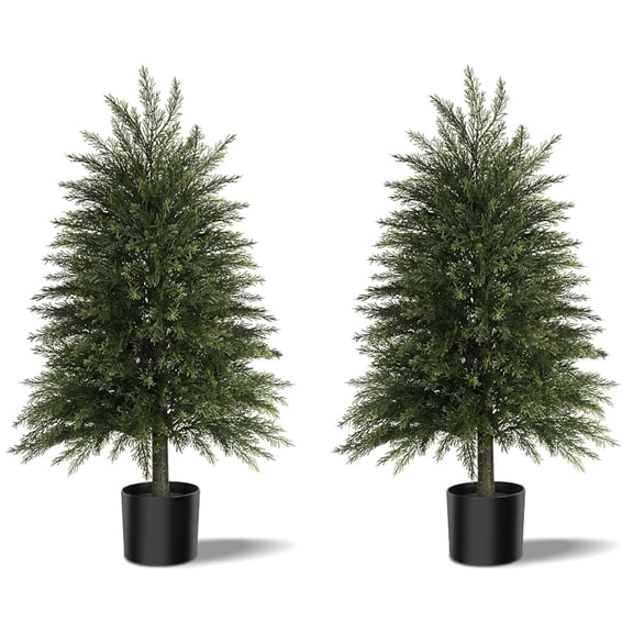 OLIVIVI Artificial Cedar Tree 3FT Tall Faux Silk Plant for Home Office Decor Indoor Outdoor Fake Lifelike Potted Tree with Wood Branches 2 pack