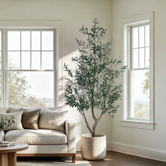 OLIVIVI Artificial Olive Tree 7FT Tall Faux Silk Plant for Home Office Decor Indoor Outdoor Fake Lifelike Potted Plant with Wood Branches 1 pack