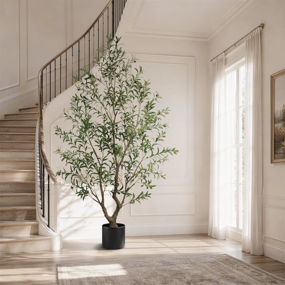 OLIVIVI Olive Trees Artificial Indoor, 8FT Tall Faux Olive Tree with BlackTall Planter, Artificial Plants with Natural Wood Trunk and Lifelike Fruits for Home Office Decor
