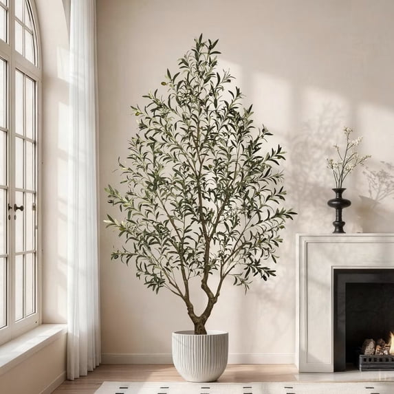 OLIVIVI Olive Trees Artificial Indoor, 8FT Tall Faux Olive Tree with BlackTall Planter, Artificial Plants with Natural Wood Trunk and Lifelike Fruits for Home Office Decor
