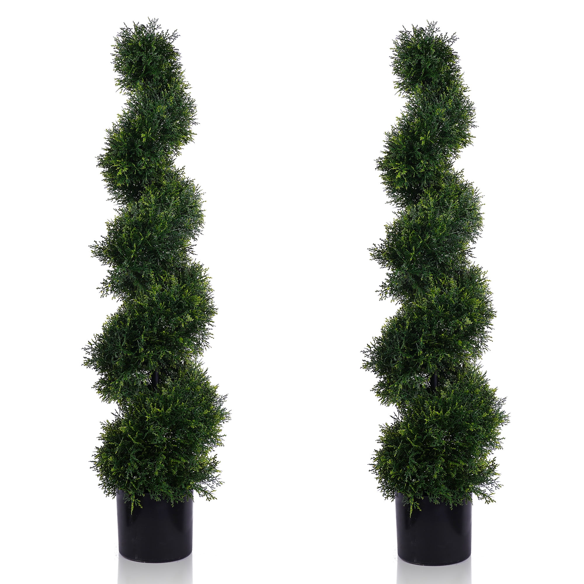 48-Inch Green Plastic Cedar Spiral Topiary Trees in Black Pots, Set of 2