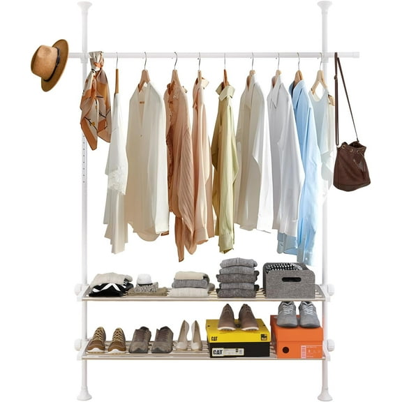 OLIYNEDY 3 Tiers Adjustable Garment Rack, 116 inch Tension Rod Floor to Ceiling Freestanding for Hanging Clothes -White