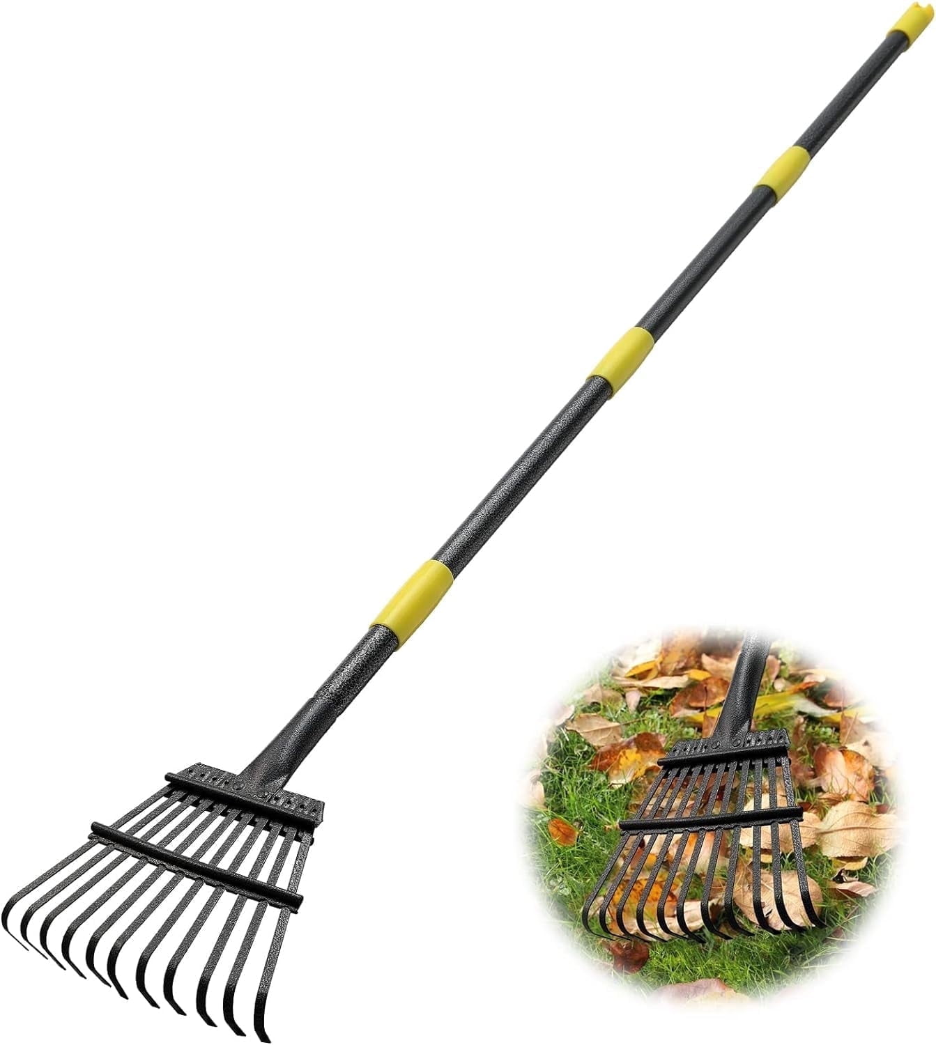 OLIYNEDY 60 inch Heavy Duty Small Garden Rake 11 Metal Tines -8.5 inch Wide, Adjustable Steel Handle