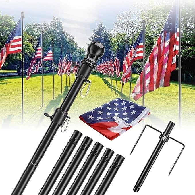 OLIYNEDY 8.2 ft Tangle Free Stainless Steel Flagpole with 2 Anti-Tip Prong Base and 3x5 American Flag Black