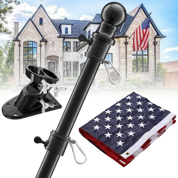 OLIYNEDY Black Flag Pole Kit for House with American Flag, 5FT Tangle Free Metal Flag Poles, 3x5 Embroidered US Flag and Holder