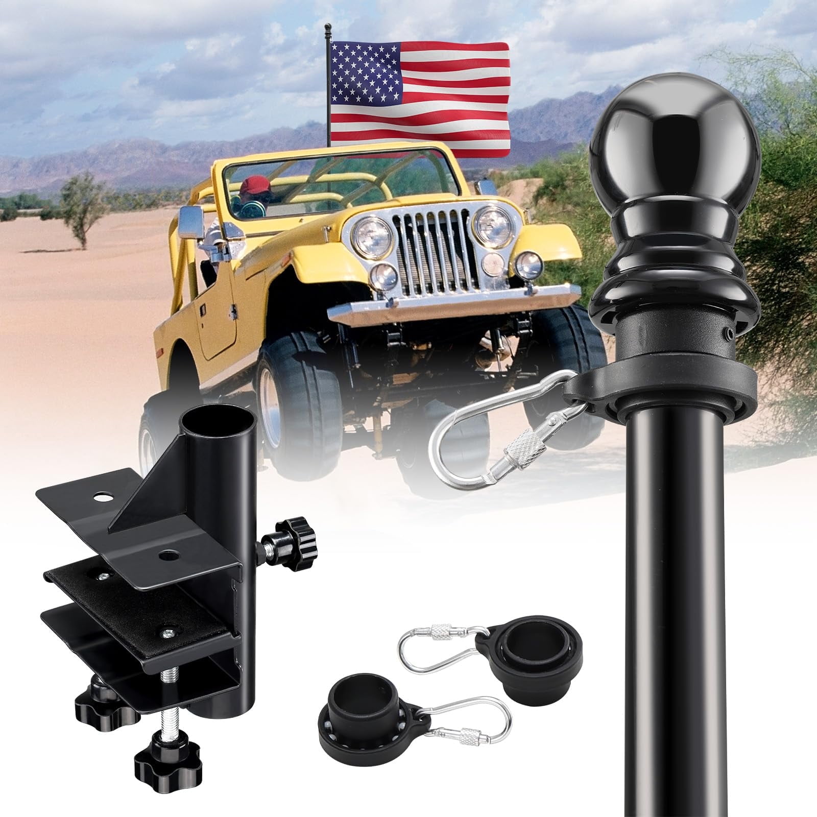 OLIYNEDY Truck Flag Pole with Mount for Truck Bed, 5ft Metal Flagpole for Car, Pickup, Jeep, Heavy Duty Flag Pole Kit with Holder, Black