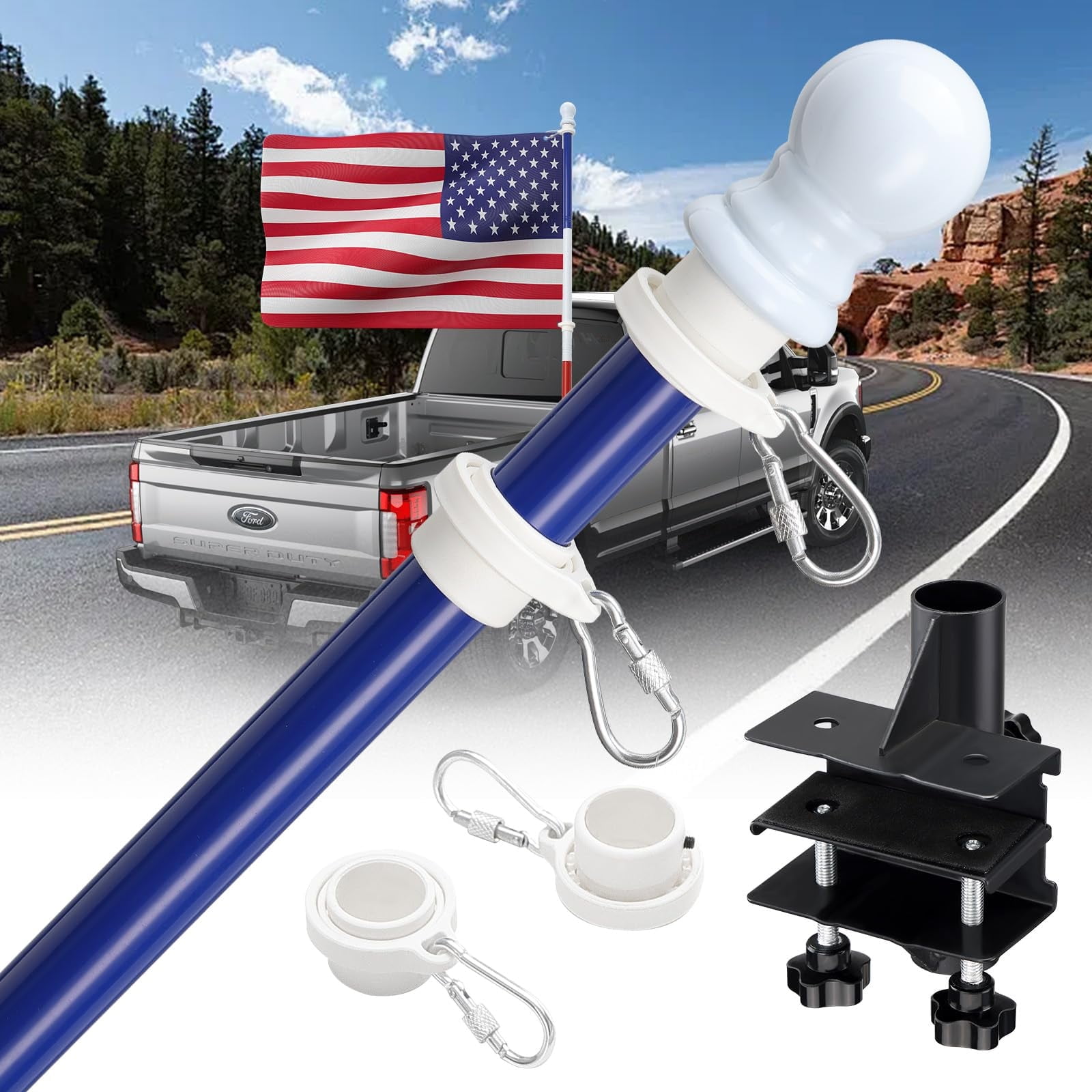 OLIYNEDY Truck Flag Pole with Mount for Truck Bed, 5ft Metal Flagpole for Car, Pickup, Jeep, Heavy Duty Flag Pole Kit with Holder, Tri-color