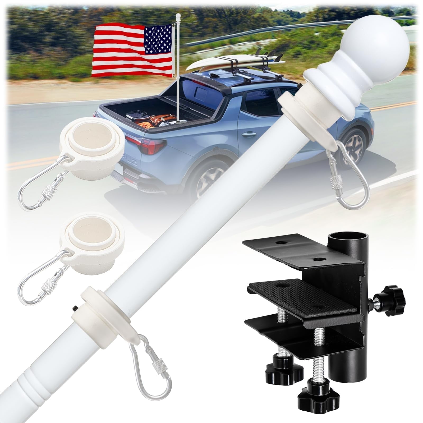 OLIYNEDY Truck Flag Pole with Mount for Truck Bed, 5ft Metal Flagpole for Car, Pickup, Jeep, Heavy Duty Flag Pole Kit with Holder, White