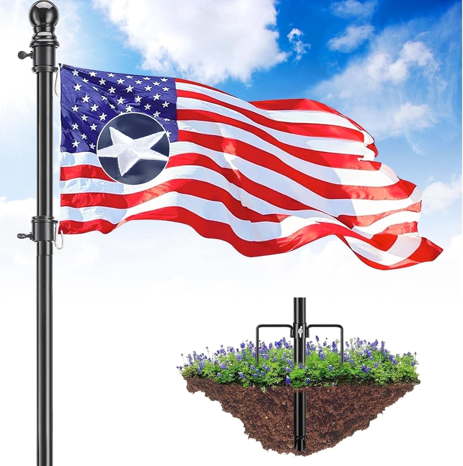OLIYNEDY Flag Pole with 3x5 Embriored US Flag, 8.2FT Tangle Free Heavy Duty Ground Flagpole with Anti-Tip Stake, Black