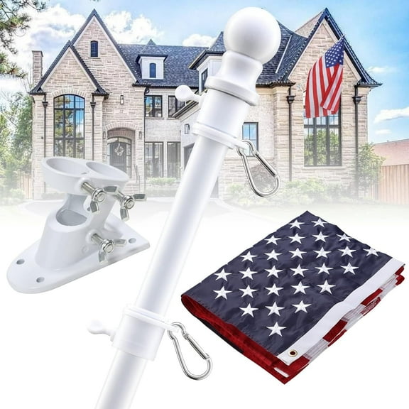 OLIYNEDY Flag Pole with 3x5 Embroidered American Flag and Bracket, 5FT Tangle Free Metal House FlagPole Kit for Outside (White)