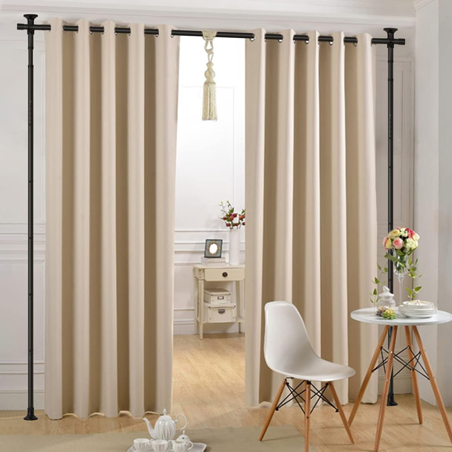OLIYNEDY Room Divider, No Drilling Curtain Rod for Room Separation, 4-10ft (H) 28-114inch(W) Adjustable Heavy Duty Floor to Ceiling Wall Room Divider curtain rod Matte Black