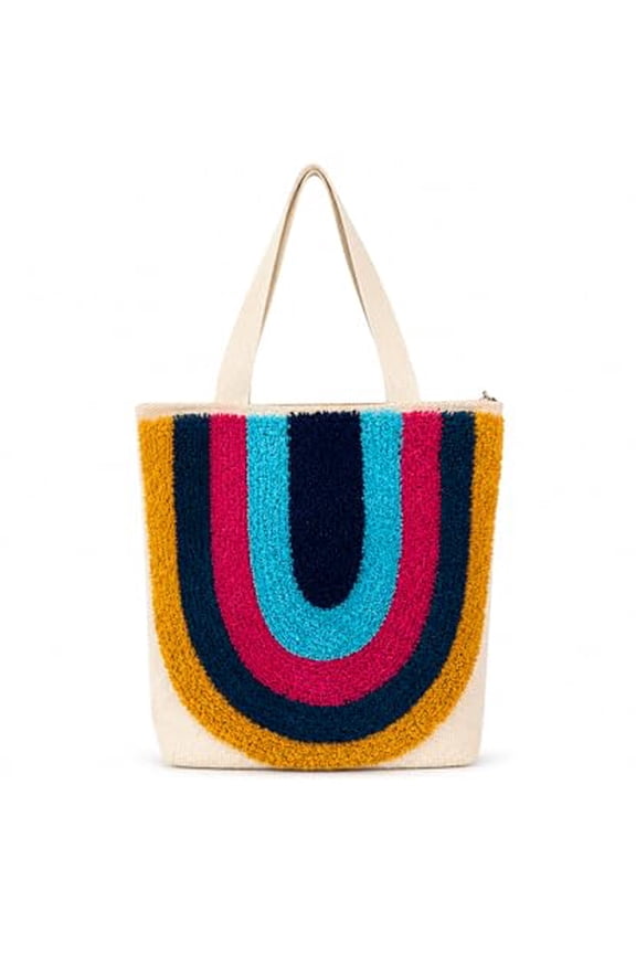 OLL Boho Tote Bag for Women, Large Cotton Shoulder Bag, Tufted Rainbow Pattern