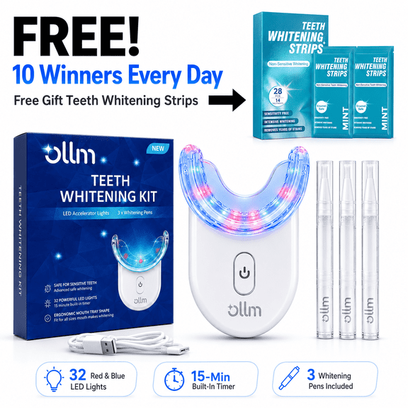 OLLM Teeth Whitening Kit With 32 Red & Blue LED Lights, 3 Whitening Pens Included, Wireless Portable Oral Care Set For Home, Travel, Dates, Interviews, Special Occasions And Holiday Gifts