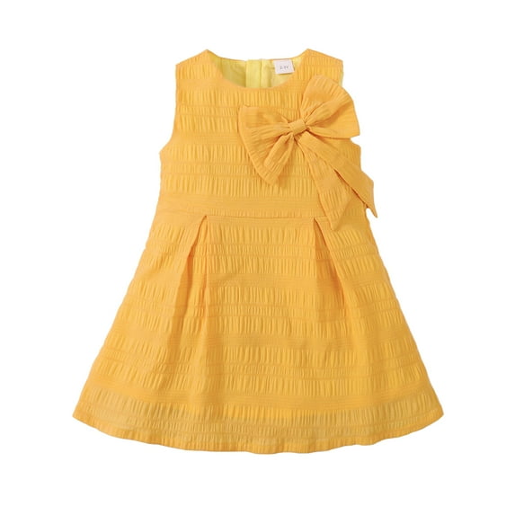 OLLUISNEO Little Baby Girl Clothes Crew Neck Sleeveless with Bow Dress Solid Color Yellow Baby Girl Summer Skirt 5-6 Years
