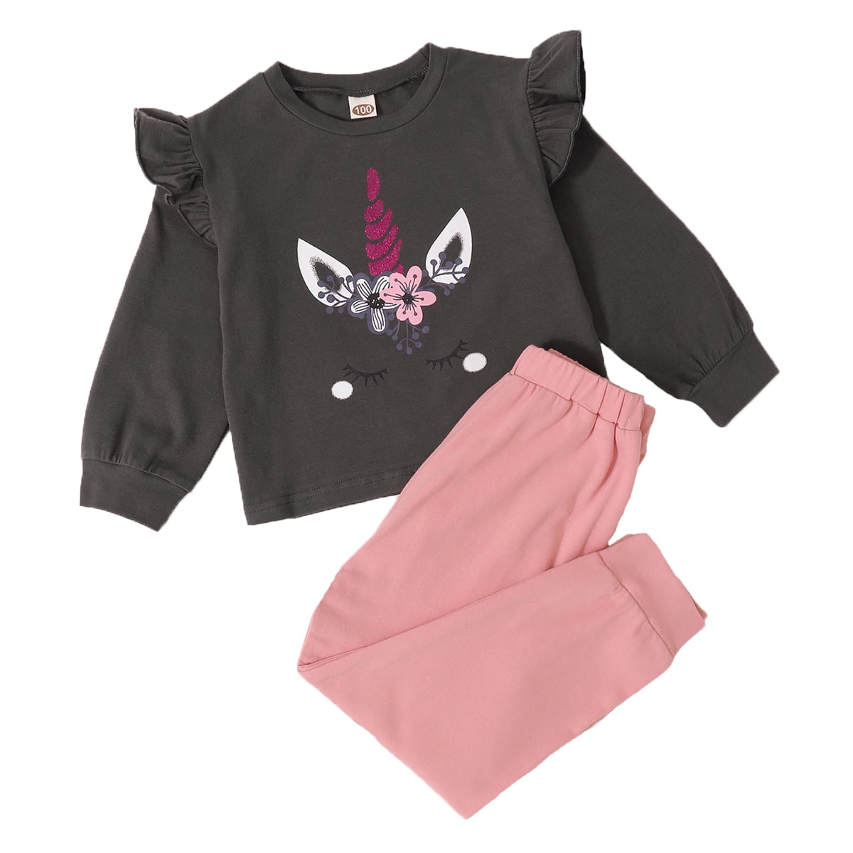 OLLUISNEO Little Girls Pants Outfits 5T Winter Clothing Set 6T Unicorn Print Long Sleeve T-shirt Pants 2 PCS Set Gray