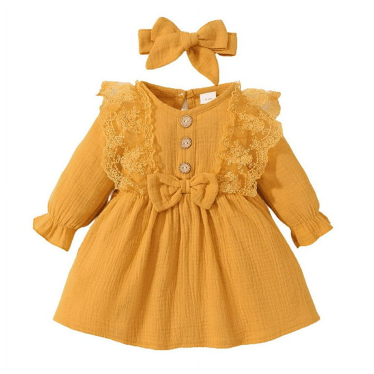 OLLUISNEO Newborn Baby Girls Dress 3 Months Winter Dress 6 Months Solid  Color Long Sleeve Dress Headband 2PCS Set Yellow
