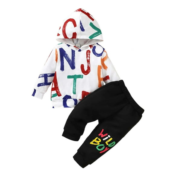 OLLUISNEO Toddler Baby Boys Clothes Long Sleeve Letter Print Hoodie Top + Solid Color Long Pants Set Baby Boys Fall Winter Outfit Set 2-3 Years