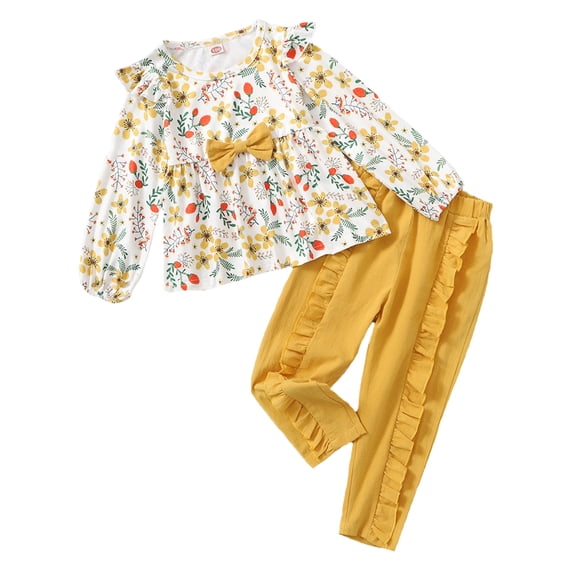 OLLUISNEO Toddler Baby Girls Pants Outfits 4T Winter Pants Outfits 5T Floral Print Long Sleeve Top Ruffle Trim Pants 2 PCS Set Yellow