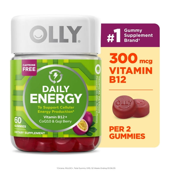 OLLY Daily Energy Gummy Supplement, Vitamin B12, CoQ10, Goji Berry, Tropical Passion Flavored, 60 Ct