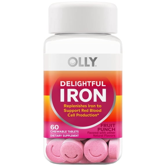 OLLY Delightful Iron Chewable Tablet Supplement Iron from AB Fortis Fruit Punch Flavor 60 Count