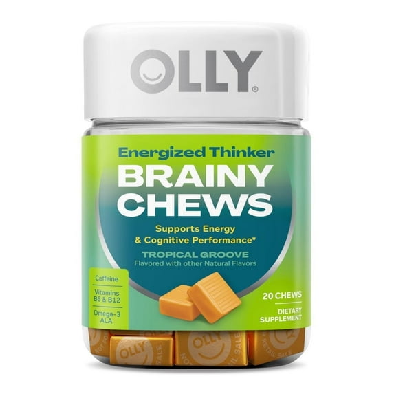 OLLY Energized Thinker Brainy Chews, Caffeine, Vitamin B12, B6, Omega-3, Vegan Energy Supplement, Tropical Flavor, 20 Ct
