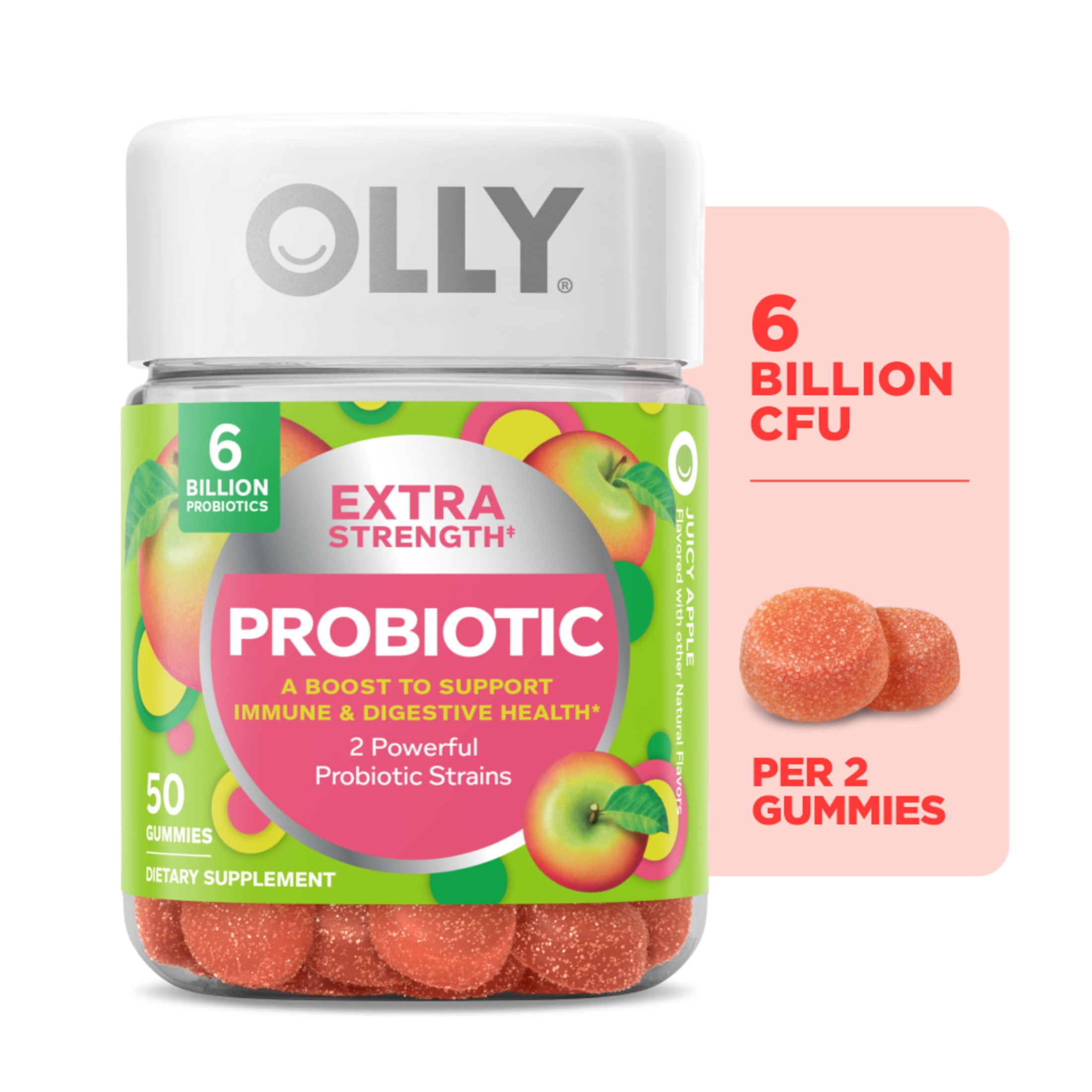 OLLY Extra Strength Probiotic Gummy Supplement, 6 Billion CFUs, 2 Probiotic Strains, 50 Ct