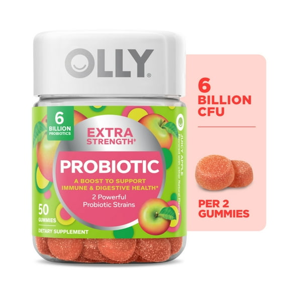 OLLY Extra Strength Probiotic Gummy, 6 Billion CFUs, 2 Strains, Supplement, Apple, 50 Ct
