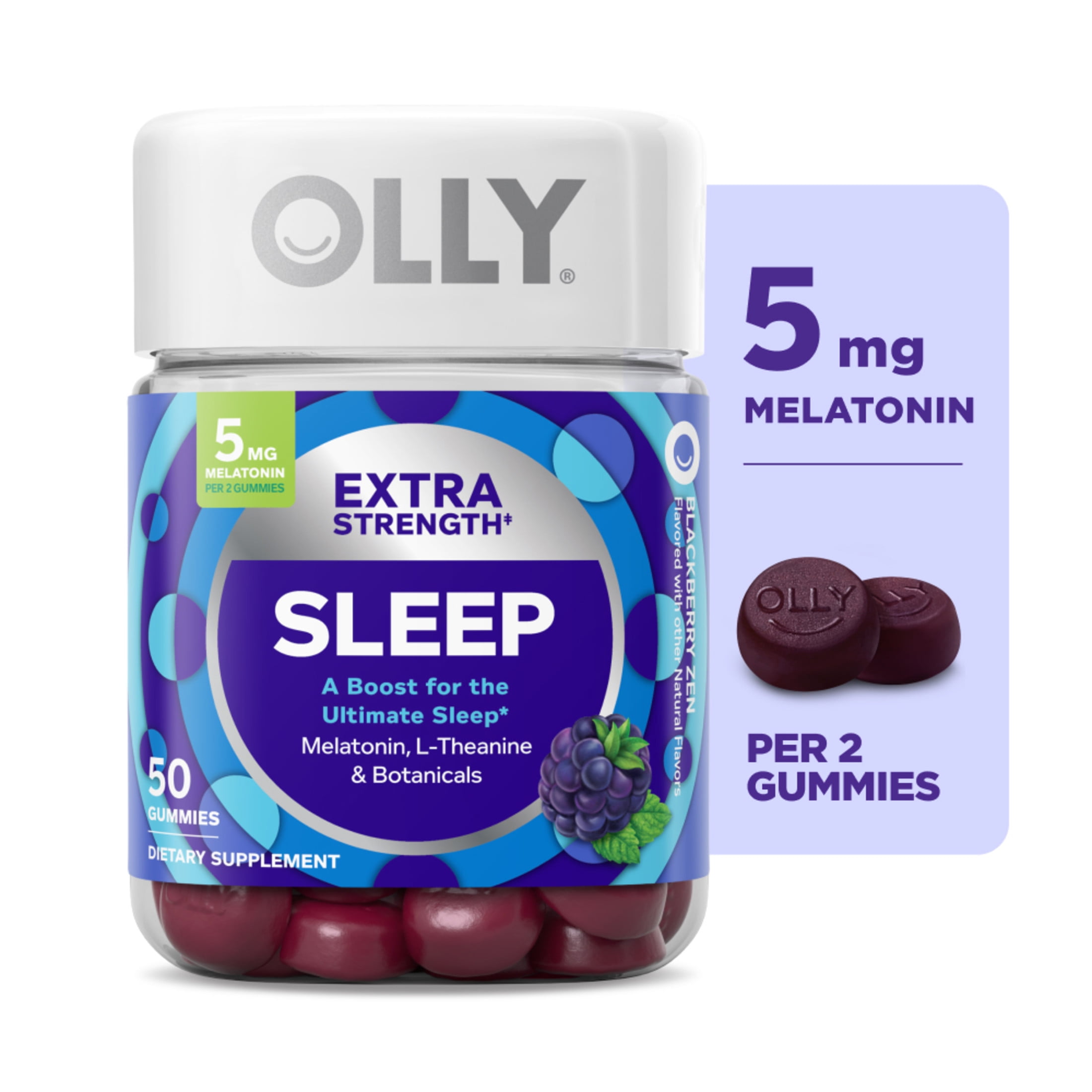 OLLY Extra Strength Sleep Gummy Supplement, 5mg Melatonin, Blackberry Zen Flavored, 50 Ct