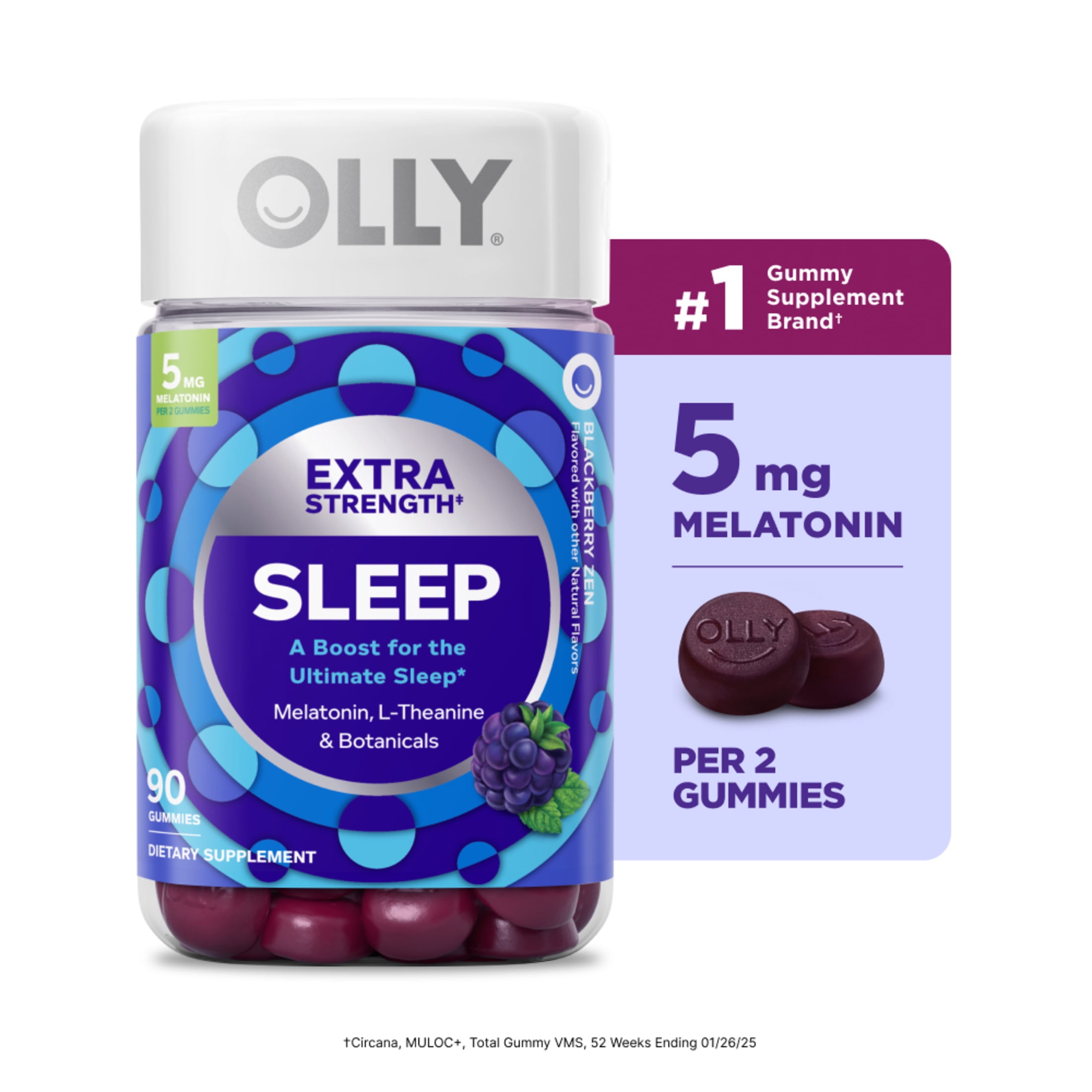 OLLY Extra Strength Sleep Gummy Supplement, 5mg Melatonin, Sleep Support, Blackberry Flavor, 90 Ct