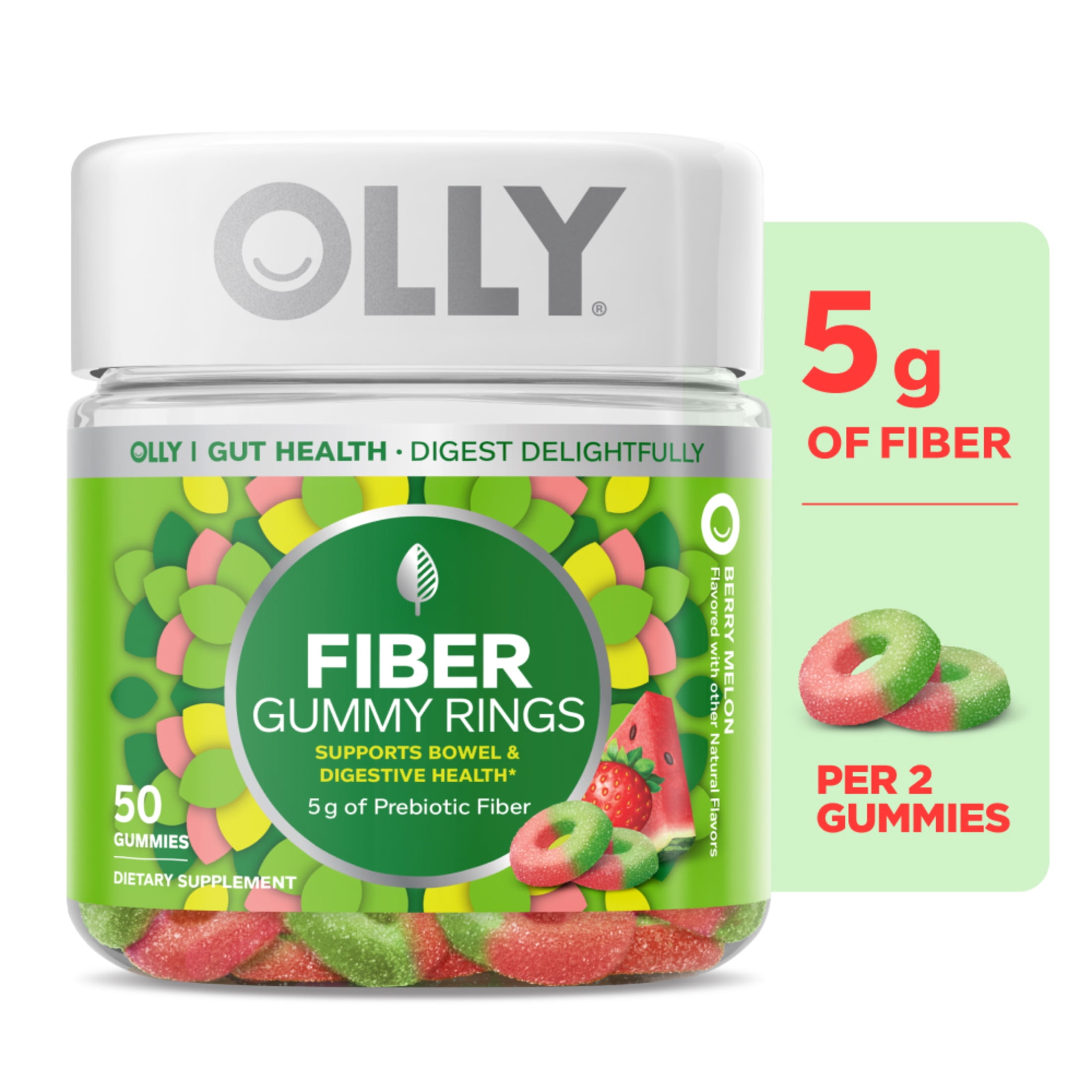 OLLY Fiber Gummy Rings, 5g Prebiotic Fiber, Digestive Support, Strawberry Watermelon, 50 Ct