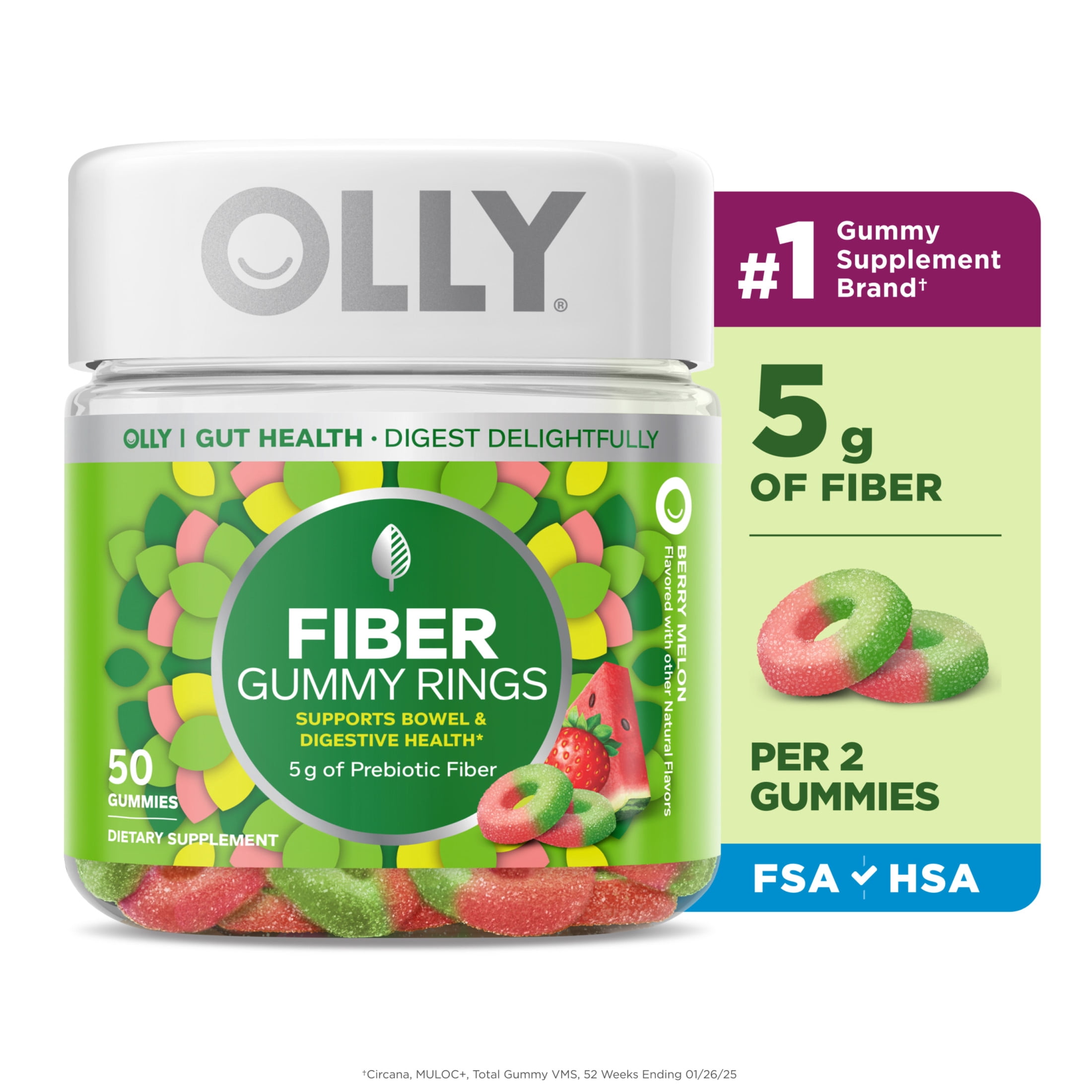 OLLY Fiber Gummy Rings Supplement with 5g FOS Prebiotic Fiber, 50 Count