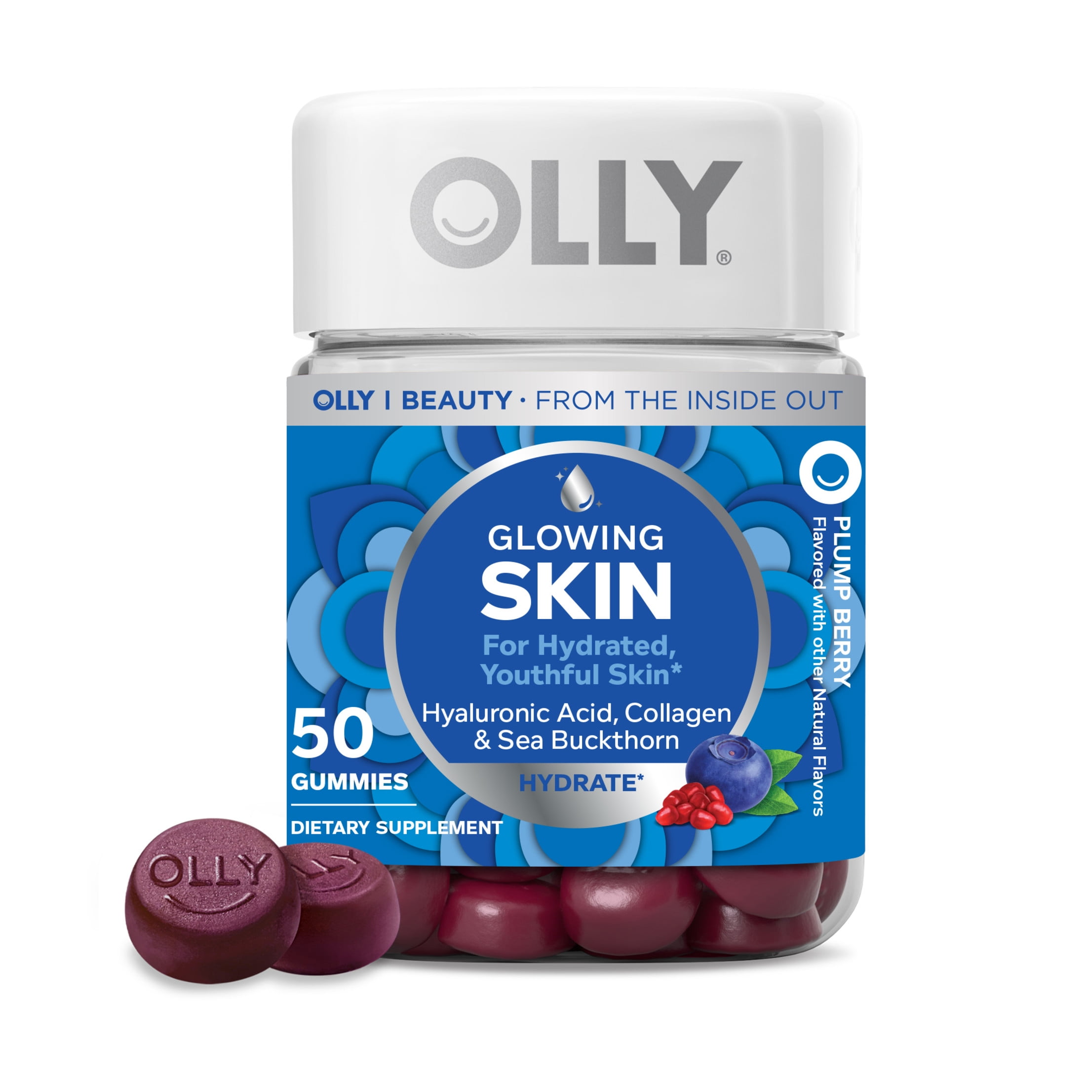 OLLY Glowing Skin Gummies, Hyaluronic Acid, Collagen Peptides, Sea Buckthorn, Plump Berry Flavor, 50 Ct
